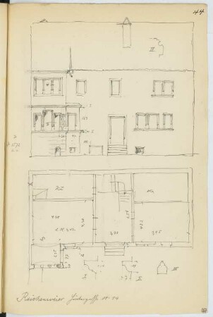 Wohnhaus Hintergasse, Reichenweier: Grundriss, Ansicht, Details (aus: Skizzen- und Fotoalbum 16)