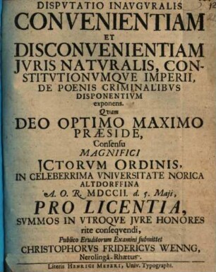 Disputatio inavguralis, convenientiam et disconvenientiam jvris naturalis, constitvtionvmque imperii, de poenis criminalibvs disponentivm, exponens