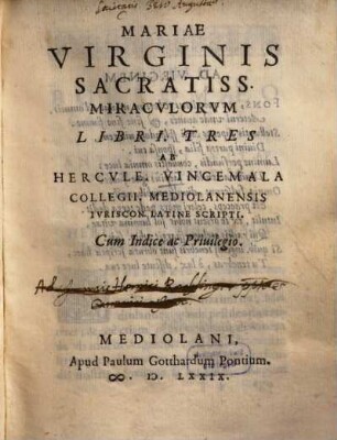 Mariae Virginis Sacratissimae Miraculorum libri tres