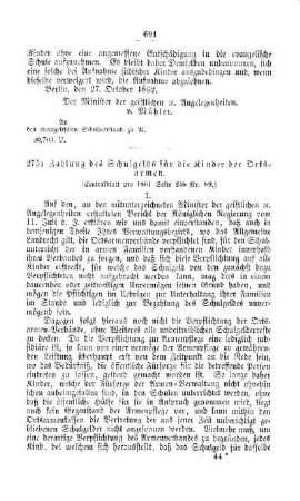 Zahlung des Schulgeld für Kinder der Ortsarmen : [V. Elementarschulwesen]