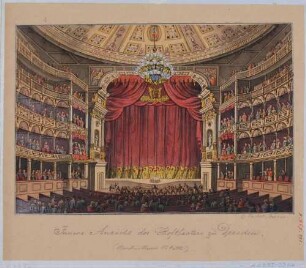 Innenansicht des ersten Baus der Semperoper (Hoftheater) in Dresden, Blick über den Zuschauerraum zur Bühne mit geschlossenem Vorhang