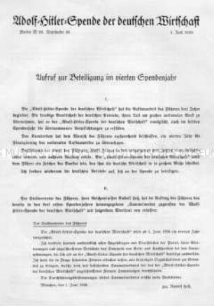 Rundschreiben mit dem Aufruf zur Teilnahme an der "Adolf-Hitler-Spende der deutschen Wirtschaft"