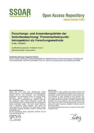 Forschungs- und Anwendungsfelder der Selbstbeobachtung: Themenschwerpunkt: Introspektion als Forschungsmethode