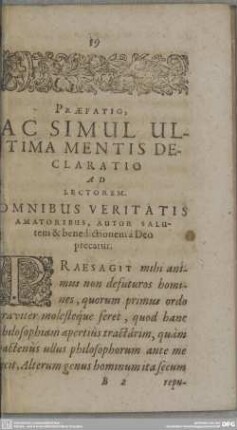 PRAEFATIO, AC SIMUL ULTIMA MENTIS DECLARATIO AD LECTOREM.