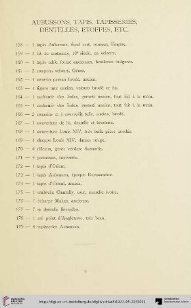 Aubussons, tabis, tapisseries, dentelles, etoffes, etc. (Nr. 158-179)