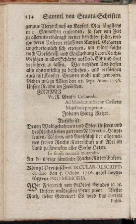 Königl. Preußisches Circular-Rescript, de dato den 5. Octobr. 1756. nebst beygefügtem Pro Memoria.