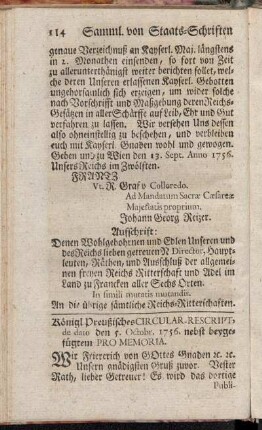 Königl. Preußisches Circular-Rescript, de dato den 5. Octobr. 1756. nebst beygefügtem Pro Memoria.
