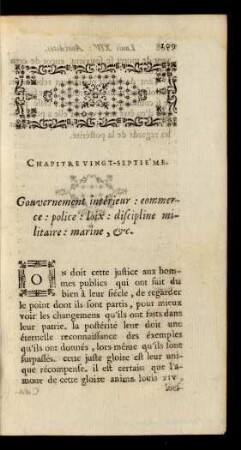 Chapitre Vingt-Septiéme. Gouvernement interieur: commerce: police: loix: discipline militaire: marine, &c