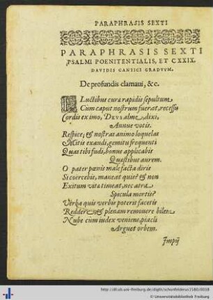 Paraphrasis Sexti Psalmi Poenitentialis, et CXXIX. Davidis.
