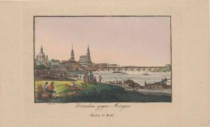 Stadtansicht von Dresden, Blick vom Ausschiffungsplatz am linken Elbufer nach Südwesten auf die Altstadt und die Augustusbrücke, im Vordergrund Arbeiter und Spaziergänger