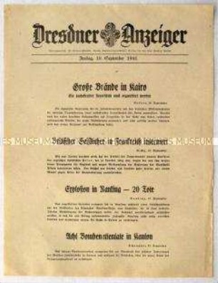 Nachrichtenblatt "Dresdner Anzeiger" u.a. über deutsche Luftangriffe auf Kairo und daraus resultierende Brände