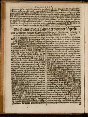 De Historie van Rijckaert zonder Vreese. Hoe Rijckaert zonder Vreese vané Duyvel Brudemor bedrogen wert, ... Capittel I.