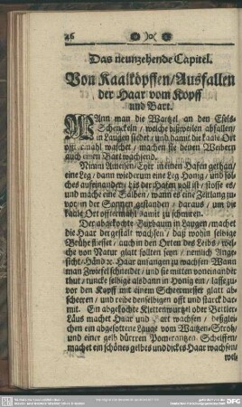 Das neunzehende Capitel. Von Kaalköpffen, Ausfallen der Haar vom Kopff und Bart