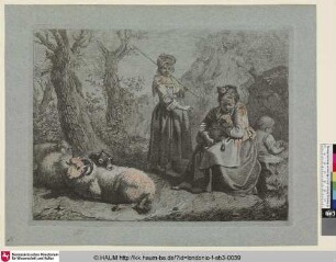 [Drei Bäuerinnen, die eine sitzend mit dem Lamme, links am Baume zwei Lämmer und ein Schaaf]