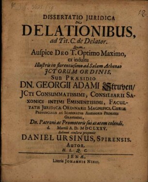 Dissertatio Juridica De Delationibus : ad Tit. C. de Delator.