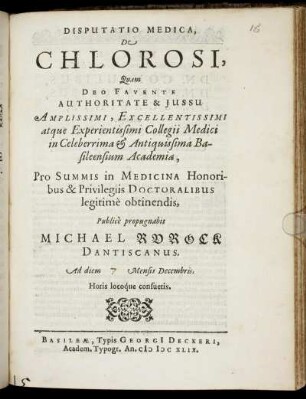 Disputatio Medica, De Chlorosi