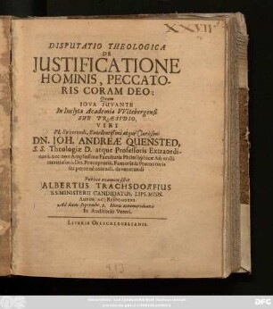 Disputatio Theologica De Iustificatione Hominis, Peccatoris Coram Deo
