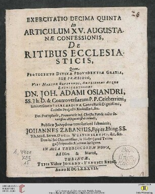 Band 15: Exercitatio Theologica ... In Articulum Augustanae Confessionis: De Ritibus Ecclesiasticis