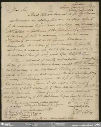 Eigenh. Brief von William Sotheby an August Wilhelm von Schlegel, London, 20.10.1826