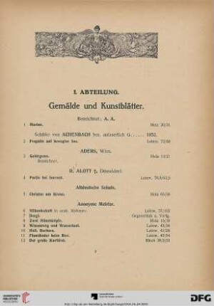 I. Abteilung. Gemälde und Kunstblätter (Nr. 1-285)