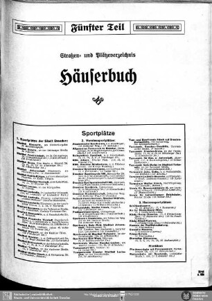 Fünfter Teil. Straßenverzeichnis und Häuserbuch : Straßen-und Plätzeverzeichnis, Häuserbuch