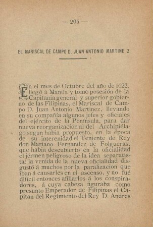 El Mariscal de Campo D. Juan Antonio Martine Z
