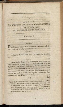 IV. Missa de Nuptis Andreae Carolostadii et Sacerdotibus Matrimonium Contrahentibus.