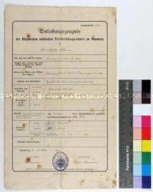 Entlassungszeugnis der Allgemeinen städtischen Fortbildungsschule zu Annaberg für den Bäckersohn Walter Klemm