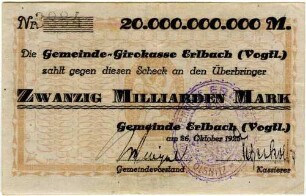 Scheck zur Verrechnung über Zwanzig Milliarden Mark