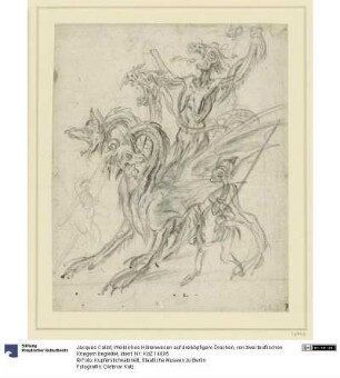 Weibliches Höllenwesen auf dreiköpfigem Drachen, von zwei teuflischen Kriegern begleitet