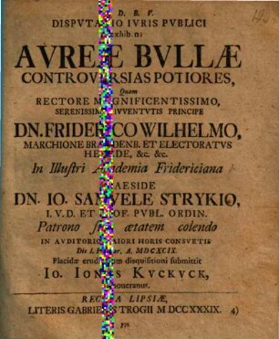Dispvtatio ivris pvblici exhibens avreae bvllae controversias potiores