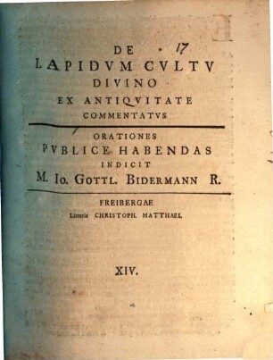 De lapidum cultu divino ex antiquitate commentatus, orationes publice habendas