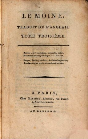 Le Moine : Traduit De L'Anglais. 3