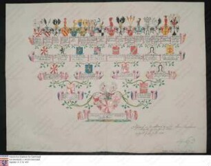 Ahnenprobe des Joseph Franz Wolfgang Johann Rudolph v. Waldbott zu Bassenheim. - ausgefertigt 1781 Juli 24, Pergament, Zeichner Joseph Melber