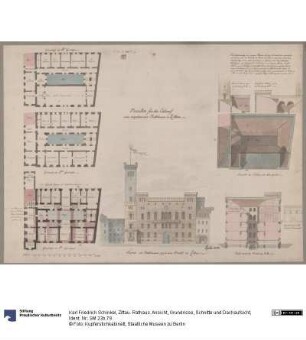 Zittau. Rathaus. Ansicht, Grundrisse, Schnitte und Dachaufsicht