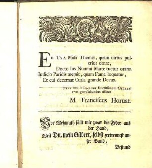 Gratulationes [Beiträger: Franciscus Horuat. August Lebrecht Sattler. Io. Christophorus Hempelius. Immanuel Redlich.]