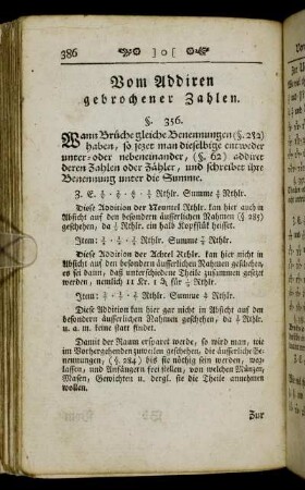 Vom Addiren gebrochener Zahlen. - Vermischte Vorgaben zur Uebung des Vorhergehenden.