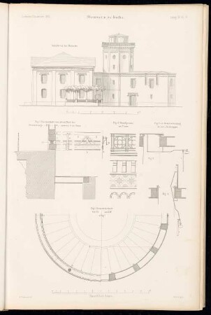 Sternwarte, Gotha: Ansicht von Süden, Horizontalschnitt, Details (aus: Atlas zur Zeitschrift für Bauwesen, hrsg. v. G. Erbkam, Jg. 15, 1865)