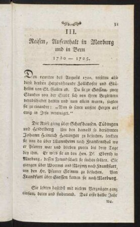 31-49, III. Reisen, Aufenthalt in Marburg und in Bern, 1720-1725