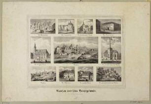 Bilderbogen mit einer Stadtansicht von Bautzen und zehn Ansichten von wichtigen Gebäuden in Bautzen, aus Sachsens Kirchen-Galerie, 1840
