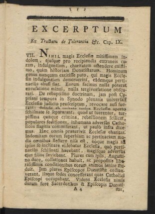Excerptum Ex Tractatu de Tolerantia [et]c. Cap. IX