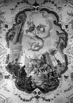 Steinigung des Hl. Stephan : Steinigung des Hl. Stephan. Fresko (1753; F. J. Degle). Unterostendorf, Sankt Stephan