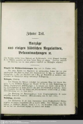Zehnter Teil. Auszüge aus einigen städtischen Regulativen, Bekanntmachungen etc.