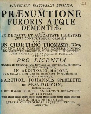 Dissertatio Inauguralis Iuridica, De Praesumtione Furoris Atque Dementiae