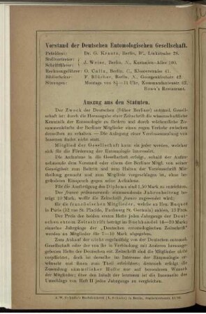 Vorstand der Deutschen Entomologischen Gesellschaft. Auszug aus den Statuten.