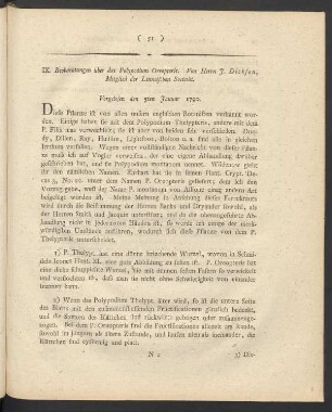 IX. Beobachtungen über das Polypodium Oreopteris. Von Herrn J. Dickson, Mitglied der Linneischen Societät