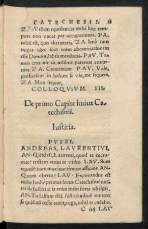 Colloquium. III. De primo Capite huius Catechismi. Iustitia.