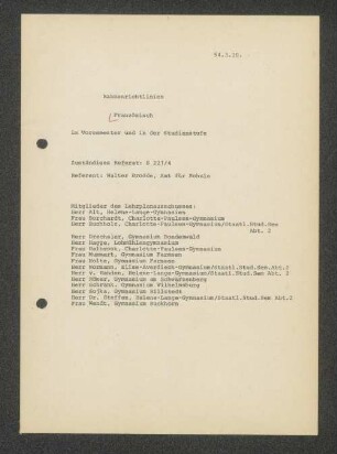 Rahmenrichtlinien Französisch im Vorsemester und in der Studienstufe