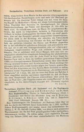 273-275 [Rezension] Tertullianus, Quintus Septimius Florens, Tertullians zweites Buch "Ad nationes" und "De testimonio animae"
