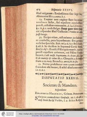 Disputatio XXXVII. De Societate & Mandato